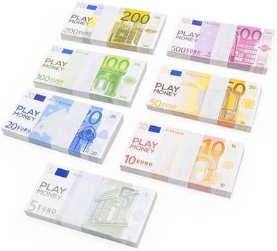 EYVRPAU Verpakking met 70 bankbiljetten – bestaande uit 10 bankbiljetten van 5, 10, 20, 50, 100, 200 en 500 euro vals geld om mee te spelen