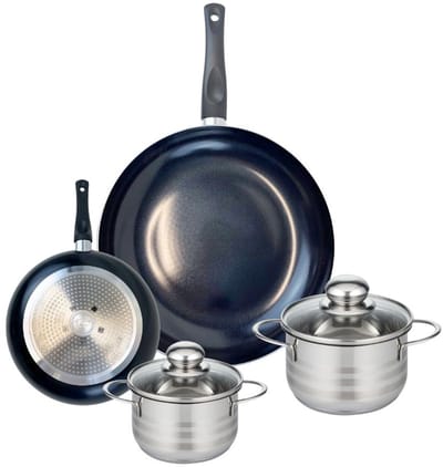 Set van 2 Koekenpannen 20 en 32 cm en 2 kookpotten 14 en 16 cm Elo Prima Glanzend