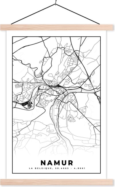 Posterhanger incl. Poster 40x60 cm - Schoolplaat - België – Namur – Stadskaart – Kaart – Zwart Wit – Plattegrond - Textielposter - Blanke latten - Stadskaart