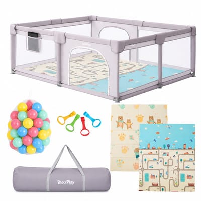 BlockPlay Grondbox Baby 150x180 cm - Baby Park - Speelbox - Kinderbox - Speelmat Baby - Baby Box - Ballenbak met 50 Speelballen - Draagtas - 4 Optrekhendels - Playpen - Kruipdeur - Stad