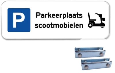 Parkeerbord Scootmobielen - Weerbestendig Aluminium - 40x15 cm - Bevestiging: Met hekbeugels (voor spijlen- of gaashek)
