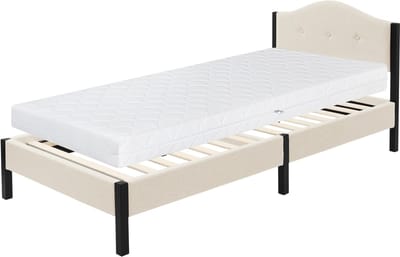 Gestoffeerd bed 90x200 cm met matras (h: 16 cm), beige, eenpersoonsbed met stevig bedframe, bed met gestoffeerd hoofdeinde en lattenbodem, jeugdbed ML-Design