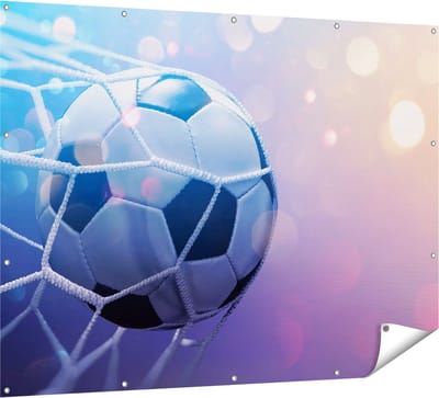 Gards Tuinposter Voetbal Bal Door het Goal Heen - 160x120 cm - Tuindoek - Tuindecoratie - Wanddecoratie buiten - Tuinschilderij