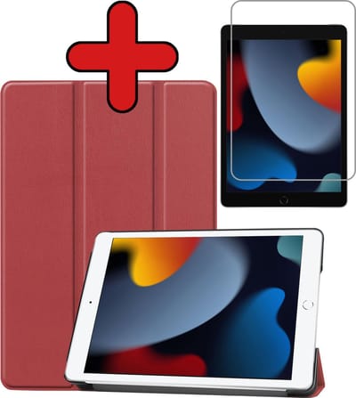 Hoesje - Geschikt voor Apple iPad 9 (2021) - 10.2 inch - 9e Generatie - Met Screenprotector - Hardcover Book Case - Trifold Bookcase Hoes - Hard Cover - Tablethoes - Donkerrood