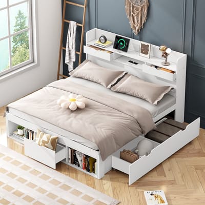Sweiko Tweepersoonsbed - 140 x 190 cm - USB-poort - Met lades - Houten bed - Wit