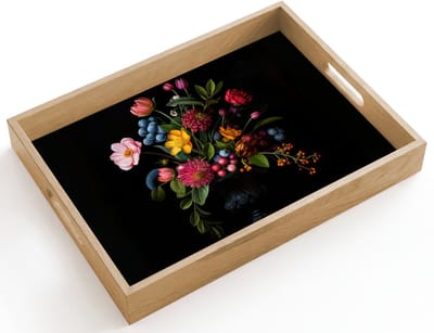 Dienblad hout 40x30 cm - Schootdienblad - Bloemen - Vrolijk - Vaas - Borrelplank rechthoek - Plateau dienbladen