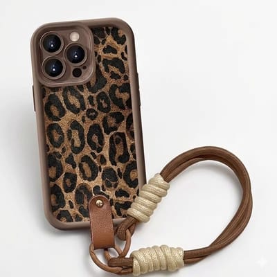 Bruin luipaard print telefoon hoesje met koord geschikt voor iPhone 17 Pro – backcover dames met panter dessin, afneembaar draagkoord en minimalistisch ontwerp