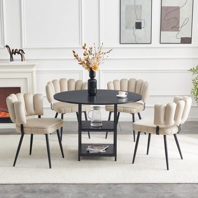 Tafel- en stoelenset: Ronde eettafel van 107 cm met dubbel opbergvak + 4 lichtbruine eetkamerstoelen met bloemvormige stoffen rugleuning – industriële stijl set voor kleine appartementen.
