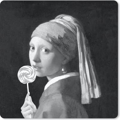 Muismat 20x20 cm - Mousepad Het meisje met de parel - Johannes Vermeer - Zwart - Wit - Muismatten