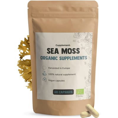 Cupplement Sea Moss 500 mg Biologisch 60 Capsules - Zeemos Irish Moss, Seamoss, Seaweed, Zeewier sea moss gel - Vegan - Zonder toevoegingen - Vegan Zeewiersupplement - Lab getest - 60 dagen voorraad per zakje