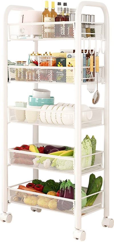Keukentrolley - Keuken Kar - Opslagkar - Opbergkar - Wit - 5 Hoog - RVS - Keuken - 102 × 44 × 26 cm