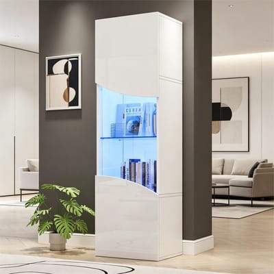 Vitrinekast - 35x50x165 cm - Hoogglans met LED Verlichting en Grote Opbergruimte - Hout - Wit
