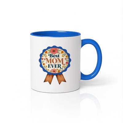 Best Mom Ever Mok 330 ml – blauw-witte koffiemok met bloemen award design – Cadeau voor mama