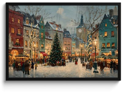 Poster in lijst - Fotolijst 90x60 cm - Posters - Kerstsfeer - Stadsplein - Kleurrijk - Posterlijst zwart - Decoratie - Wanddecoratie woonkamer - Muurdecoratie slaapkamer - Kerstversiering - Kerstdecoratie voor binnen - Kerstmis