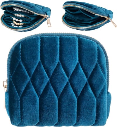 Fluwelen Sieradenkistje - Reisetui Sieraden - Sieraden Opbergen - Vijf Vakken - 13 x 12 cm - Pauwblauw
