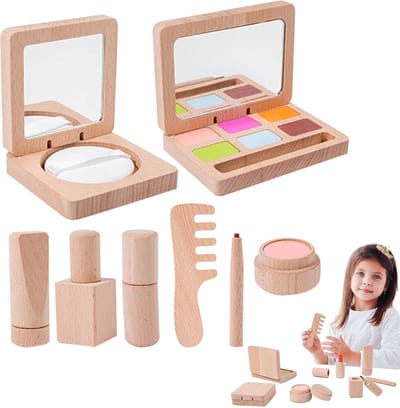 Houten Make-up Set - Kinder Make-up Speelgoed - Doen Alsof Spelen - Glad Gepolijste Randen - Kinderformaat - Houtkleur