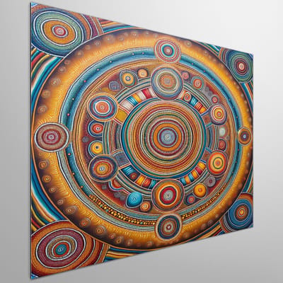 Olieverf aboriginal schilderij | Inheems meesterwerk: kleurrijk abstractie van Aboriginal cultuur in olieverf | Kunst - 40x40 centimeter op Dibond | Foto op Dibond