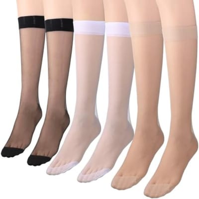 6 Paires Bas Hauts pour Femmes Nylon Serrés Élastiques Pantalon Bas Transparents avec Pointe Renforcée 3 Couleurs Bas Collants Chaussettes white