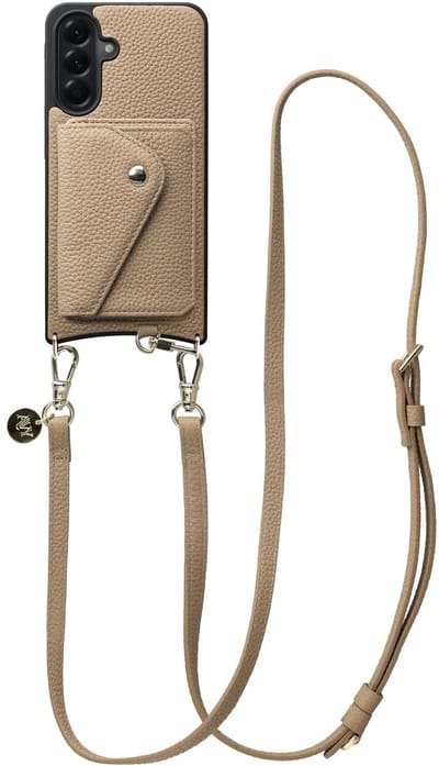 AVY Leren Hoesje geschikt voor Samsung Galaxy A56 | Met Koord en Magnetische Kaarthouder | Compatibel met MagSafe | Leather Case met 130CM Koord & Wallet | Long Leather | Beige