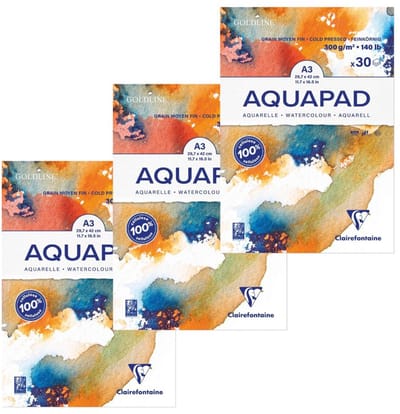 Clairefontaine Goldline Aquapad – Set van 3 Stuks – A3 – 30 Vellen per Blok – 300 g – Aquarelpapier