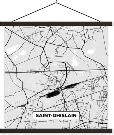 Posterhanger incl. Poster 60x60 cm - Schoolplaat - Zwart Wit – België – Plattegrond – Stadskaart – Kaart – Saint Ghislain - Textielposter - Zwarte latten - Stadskaart