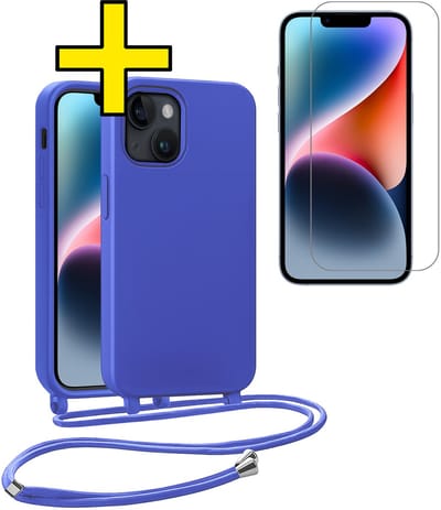 Hoesje Geschikt voor iPhone 13 Mini Hoesje Met Koord Met Screenprotector Siliconen Case - Hoes Geschikt voor iPhone 13 Mini Backcover Met Afneembaar Koord - Felblauw