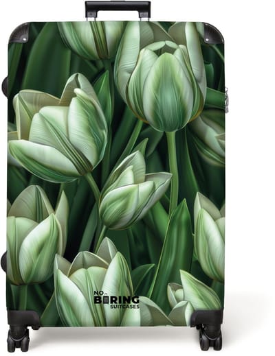 NoBoringSuitcases.com® - Koffer groot - Reiskoffer lichtgewicht - Groen met witte tulpen - Rolkoffer met 4 wielen - Grote trolley XL - 98 liter bagage
