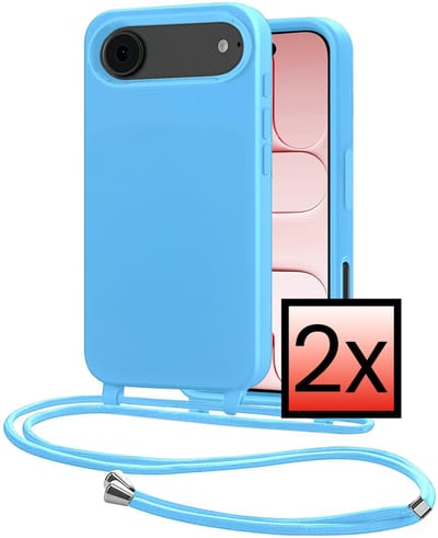 Hoes Geschikt voor iPhone Air Met Telefoonkoord - Siliconen Hoesje Backcover Met Ketting - Lichtblauw - 2 PACK