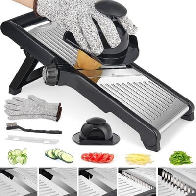 Dailygoods - Groenteschaaf Mandoline, 5-in-1 Verstelbare Roestvrijstalen Schaaf voor Groenten, Instelbare Groentesnijder, Tomatensnijder, Snijder voor Fruit en Uien MET INCLUSIEF Snijbestendige Handschoenen