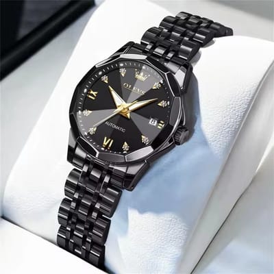 HO-9982L.zw : Olevs zwartkl automatisch/mechanisch edelstaal elegant tourbillon Polshorloge, luminiscerend, rhombol, Datum, Diamant-zirkonia's