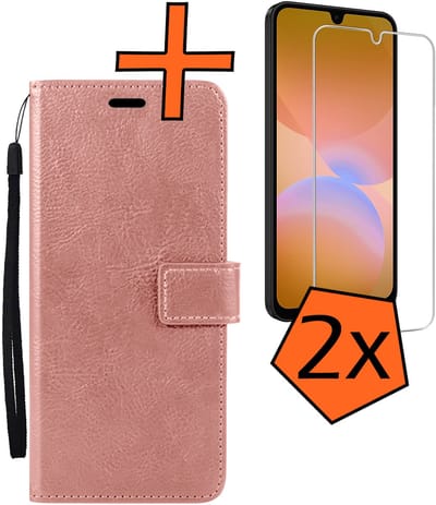 Hoes - Met 2x Screenprotector - Geschikt voor Samsung Galaxy A26 - Luxe Pasjeshouder - Bookcase Portemonee - Flip Case - Kunstleer Book Case - Flipcase Hoes - Book Cover - Walletcase - PortemonneeHoes - Rosé goud