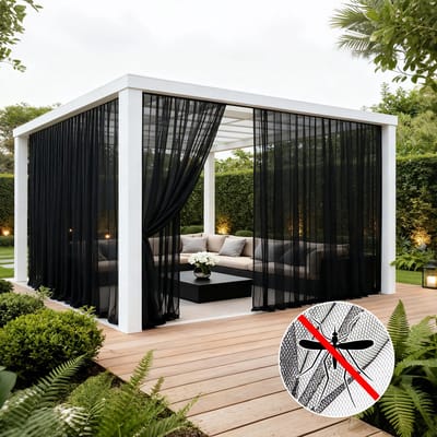 MUPOO DIY extra Breed 320cm - 2 stucks VliegenBuitengordijn & Anti-Muggen Buitengordijn Kant en Klaar met Tunnel (Roede/Touw) - Fijnmazig Insectennet -Op Maat te Knippen - Klamboe voor Tuin, Balkon & Deur - Luchtig - Grijs - 320x213cm - 2 stucks