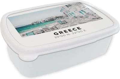 Broodtrommel Wit - Lunchbox - Brooddoos - Griekenland - Blauw - Zee - Stoelen - 18x12x6 cm - Volwassenen