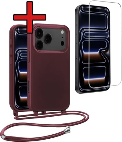 Hoesje Geschikt voor iPhone 17 Pro / 18 Pro Hoesje Siliconen Case Met Koord Met Screenprotector - Hoes Geschikt voor iPhone 17 Pro / 18 Pro Hoesje Backcover Met Telefoonkoord - Aubergine