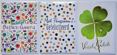 3 Wenskaarten – Met Pensioen Gefeliciteerd + Gefeliciteerd + Veel Geluk – PEN-305