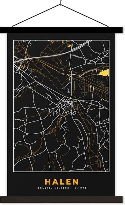 Posterhanger incl. Poster 40x60 cm - Schoolplaat - Halen - Plattegrond - Stadskaart - Kaart - Goud - Textielposter - Zwarte latten - Stadskaart