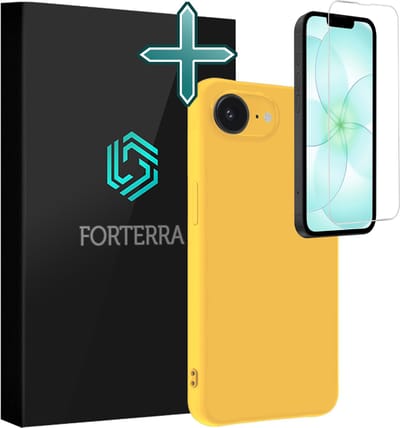 Hoesje Met Screenprotector - Geschikt voor Apple iPhone 17e - Sterk & Shockproof - Telefoon Hoes - Back Cover - Siliconen Case - Geel