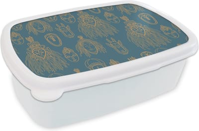 Broodtrommel Wit - Lunchbox - Brooddoos - Masker - Afrikaans - Goud - Patronen - 18x12x6 cm - Volwassenen