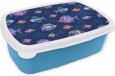 Broodtrommel Blauw - Lunchbox - Brooddoos - Vissen - Patronen - Aquarium - Regenboog - Kind - 18x12x6 cm - Kinderen - Jongen