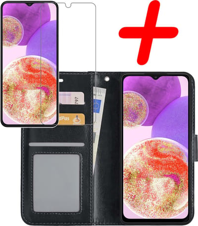 Hoesje Met Screenprotector - Geschikt voor Samsung Galaxy A23 - Luxe Pasjeshouder - Bookcase Portemonee - Flip Case - Kunstleer Book Case - Flipcase - Book Cover - Walletcase - Portemonneehoes - Zwart