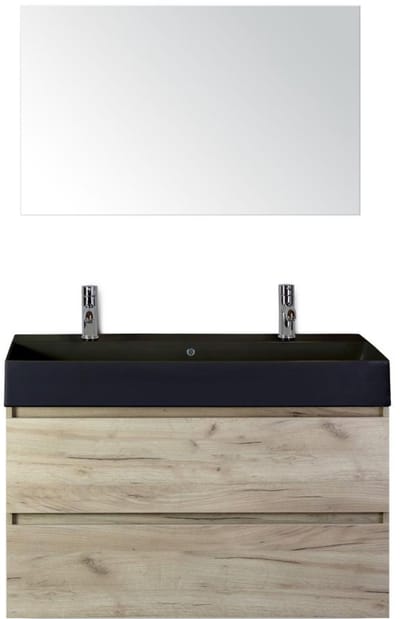 Maxx XL Badmeubelset 100 cm - Craft Oak - Wastafel Kube Zwart 2 Kraangaten met Spiegel