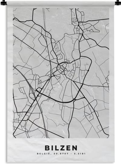 Wandkleed - Wanddoek - Zwart Wit – België – Plattegrond – Stadskaart – Kaart – Bilzen - 120x180 cm - Wandtapijt