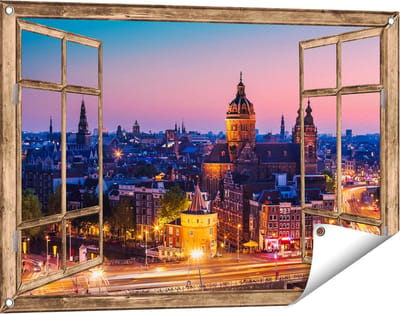 Gards Tuinposter Doorkijk Amsterdam Skyline bij Zonsondergang - 90x60 cm - Tuindoek - Tuindecoratie - Wanddecoratie buiten - Tuinschilderij