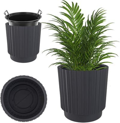 KADAX Decoratieve bloempot met binneninzetstuk, ronde bloempot, sierpot van kunststof, voor binnen en buiten (antraciet, 30 cm)