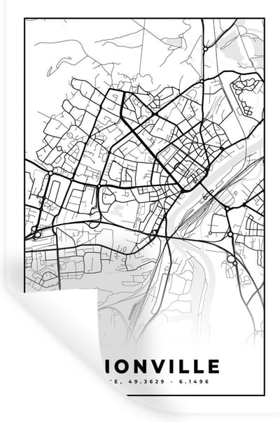 Muurstickers - Sticker Folie - Frankrijk - Thionville - Plattegrond - Stadskaart - Kaart - Zwart wit - 20x30 cm - Plakfolie - Muurstickers Kinderkamer - Zelfklevend Behang - Zelfklevend behangpapier - Stickerfolie