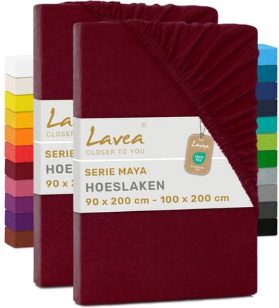 Lavea® Set van 2 Hoeslakens 90x200cm - 100x200cm – 100% Zacht en Ademend Katoen – voor Dikke Matrassen tot 20 cm – Jersey met Elastiek rondom – Bordeaux