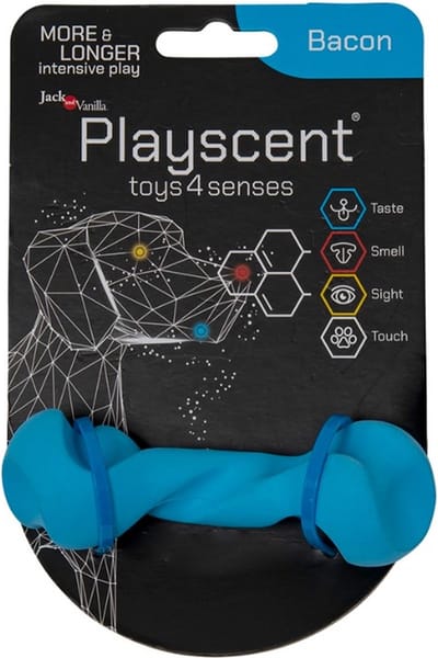 Jack And Vanilla hondenspeelgoed - Lengte 11cm - Kauwbot hond - Puppyspeelgoed - Honden speelgoed - Playscent Gedraaid Been - Bacon - Blauw