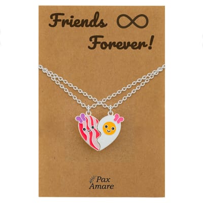 BFF Ketting voor 2 ' Friends Forever' - Magnetisch Hartje Bacon & Ei - Vriendschapsketting op Cadeau Kaartje - 45cm + 5cm verstelbaar - Zilverkleurig - Best Friends Hanger - Pax Amare