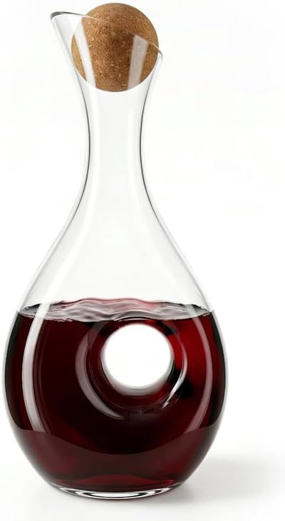 SnelShoppen - Wijndecanteerder Kristalglas 1.2L - Mondgeblazen Decanteerkaraf met Kurken Dop & Donut Handvat voor Loodvrije Rode Wijn - Luxe Cadeau vo
