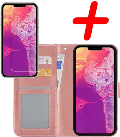 Hoesje Met Screenprotector - Geschikt voor Apple iPhone 13 Mini - Luxe Pasjeshouder - Bookcase Portemonee - Flip Case - Kunstleer Book Case - Flipcase - Book Cover - Walletcase - Portemonneehoes - Rosé goud
